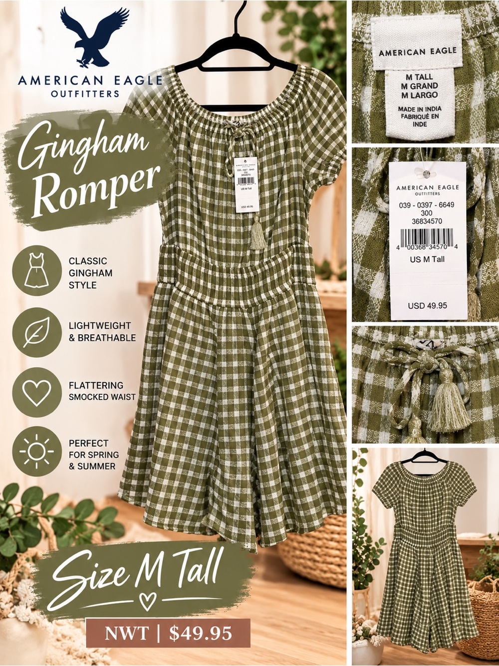 American Eagle Green Gingham Romper M Tall NWT Puff Sleeve